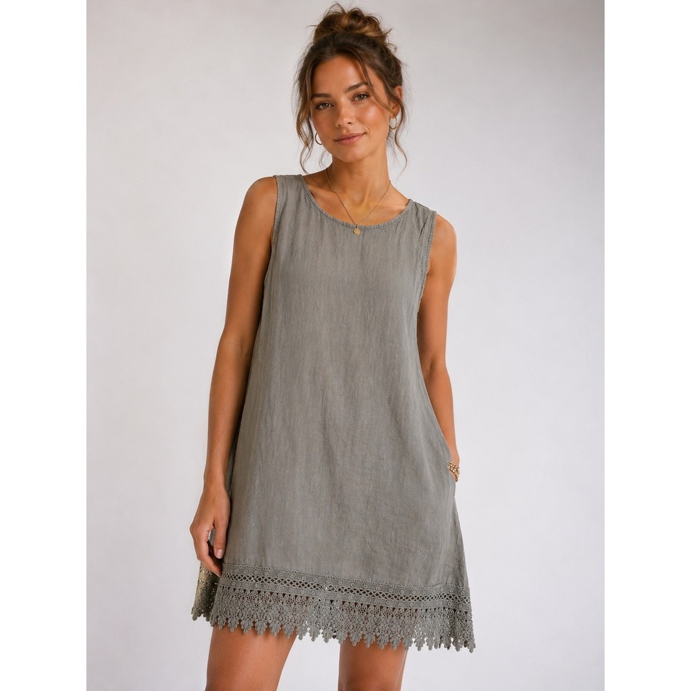 Rosemarine Italy Linen Crochet Lace Hem Mini Dress Sage Green XS Sleeveless Tie
